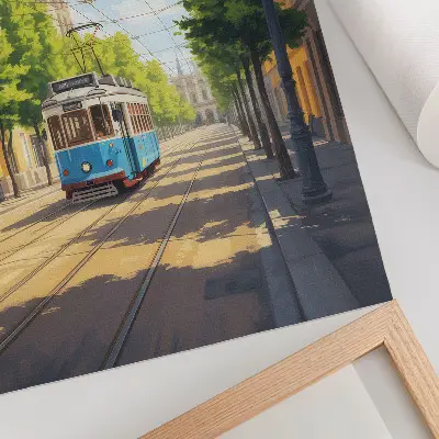 Art print sunny street tram in green and blue