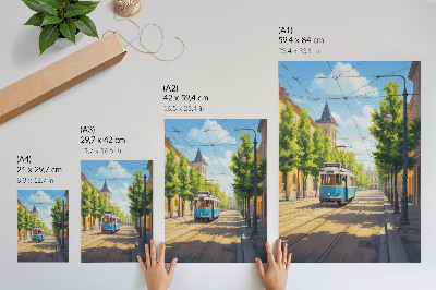 Art print Sunny street tram green and blue