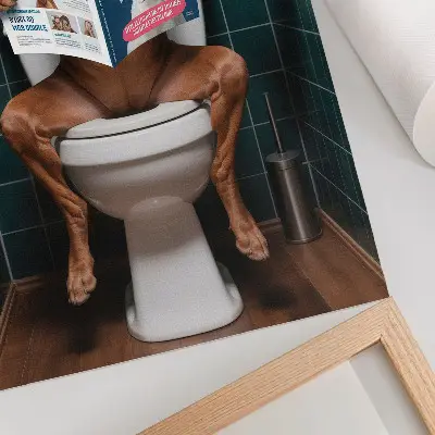 Decorative dog on toilet poster with green tile background
