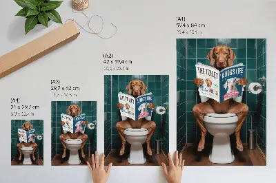 Decorative dog on toilet poster with green tile background