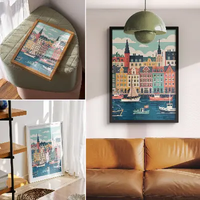 Art print colorful tenement houses by the water featuring charm and harmony