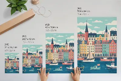 Art print colorful tenement houses by the water featuring charm and harmony