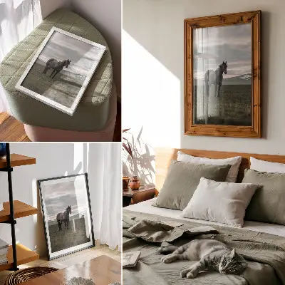 Premium wall art horse in the meadow with morning clouds and a harmonious nature scene