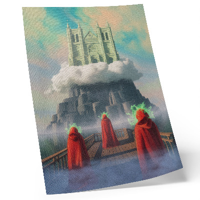 Poster Castle in the clouds figures in coats surrealism