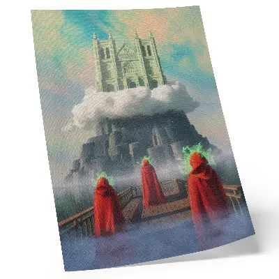 Poster surrealist illustration of figures in coats from Castle in the Clouds