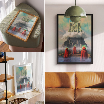 Poster Castle in the clouds figures in coats surrealism