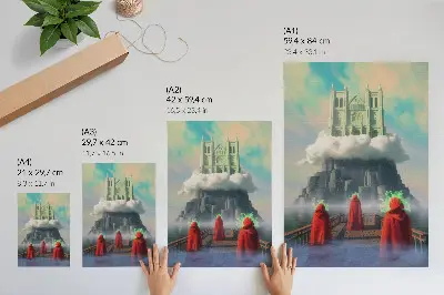 Poster surrealist illustration of figures in coats from Castle in the Clouds