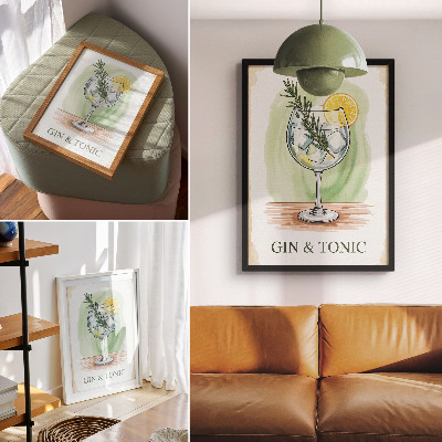Art print A glass of gin, rosemary and lemon on a green background