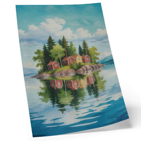 Decorative poster Picturesque island, houses, trees, calm water