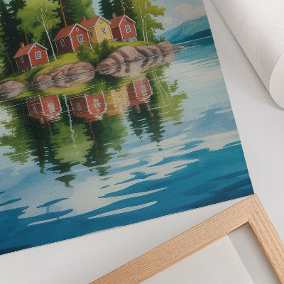 Decorative poster Picturesque island, houses, trees, calm water