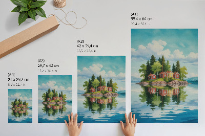 Decorative poster Picturesque island, houses, trees, calm water