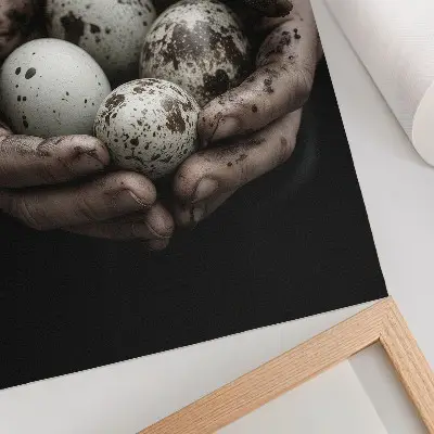Earthy hands and quail eggs poster with high contrast aesthetic