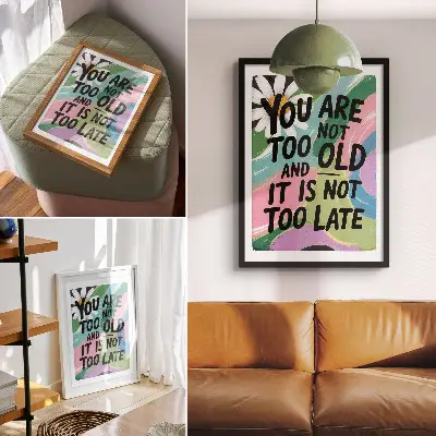Art print with dynamic colors and inspirational text in a modern style