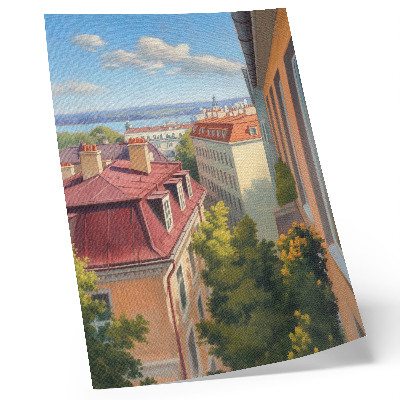 Poster Lush trees red tile blue sky