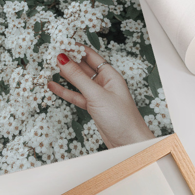 Art print White flowers green hand red nails