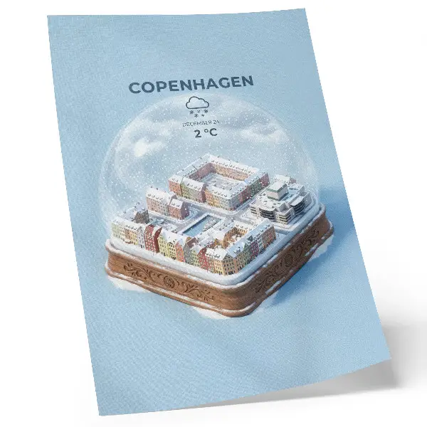 Christmas wonderland in a snow globe poster with warm colors