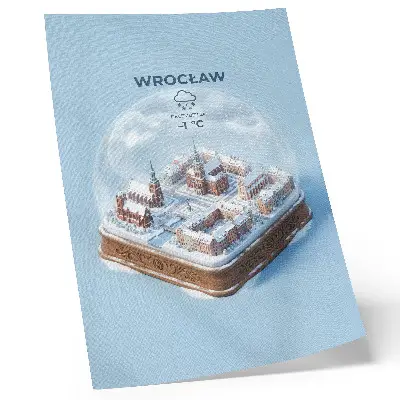 Decorative poster featuring a miniature city inside a winter glass globe