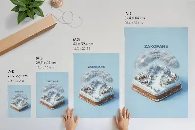 Poster winter wonderland inside a sphere with calm colors and mountain charm