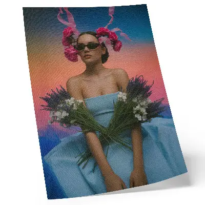Decorative poster woman with flowers against a sunset backdrop
