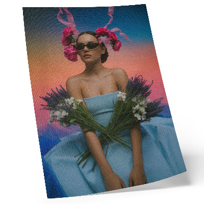 Decorative poster Woman with flowers against the backdrop of a sunset