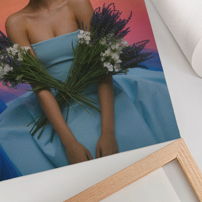 Decorative poster Woman with flowers against the backdrop of a sunset