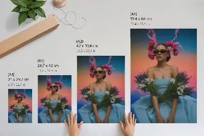 Decorative poster woman with flowers against a sunset backdrop