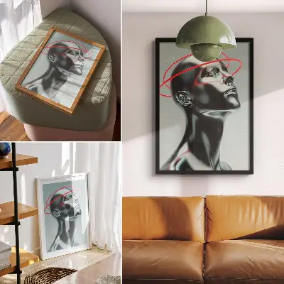 Decorative poster modern futuristic sculpture in red and gray