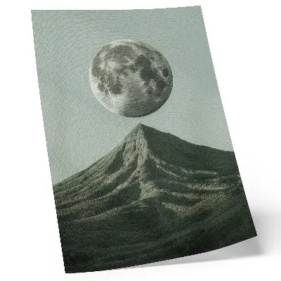 Poster featuring a mysterious moon over green mountain scenery