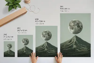 Poster featuring a mysterious moon over green mountain scenery