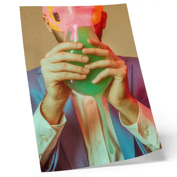 Art print colorful mask in the hands of a surreal figure