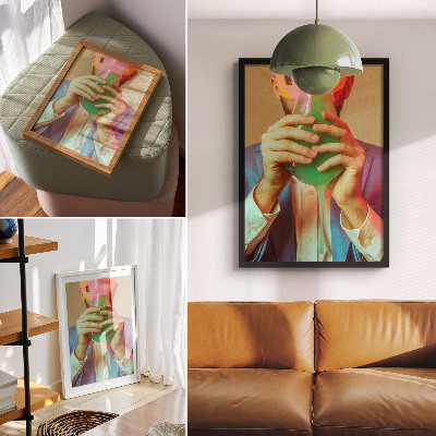 Art print A colorful mask in the hands of a surreal figure