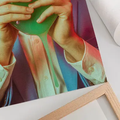 Art print colorful mask in the hands of a surreal figure