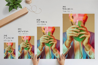 Art print A colorful mask in the hands of a surreal figure