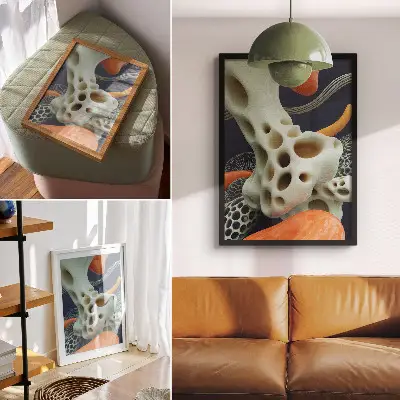 Premium wall art abstract forms in cream orange and navy blue