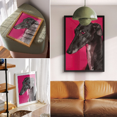 Decorative poster A black and white dog on an intense pink background