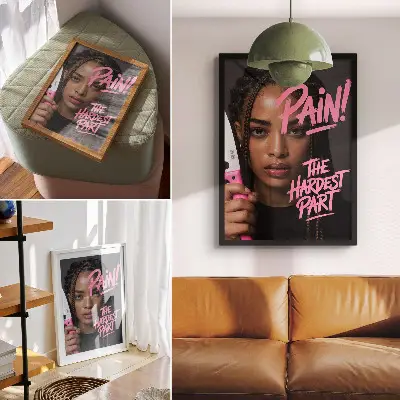 Decorative poster face with pink lettering in a dynamic atmosphere