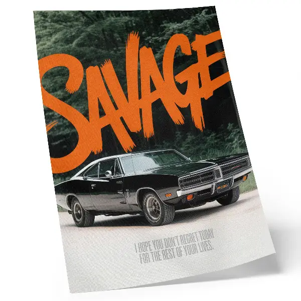 Poster classic car with orange lettering and a nature theme