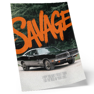 Poster classic car with orange lettering and a nature theme