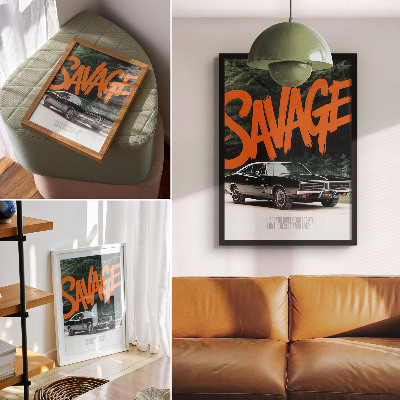 Poster Classic car orange lettering nature theme