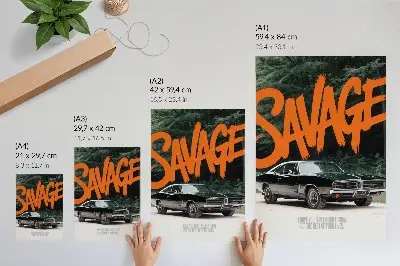 Poster classic car with orange lettering and a nature theme