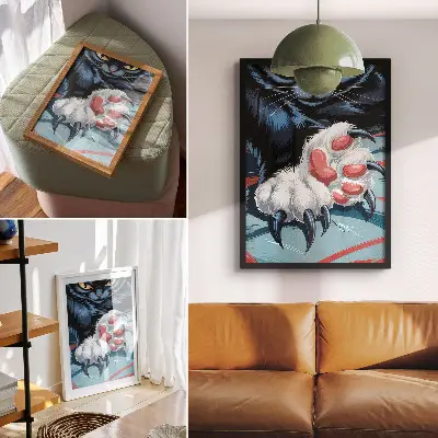 Premium wall art cat with claws in vivid colors featuring intense dynamics