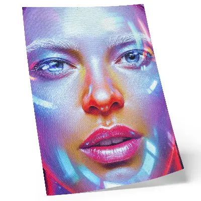 Decorative poster featuring a futuristic portrait in energetic colors
