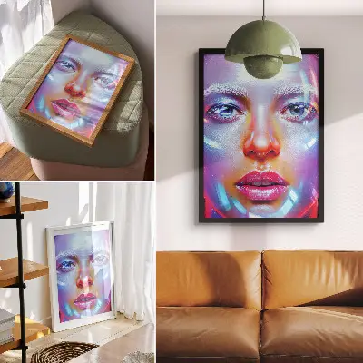 Decorative poster featuring a futuristic portrait in energetic colors