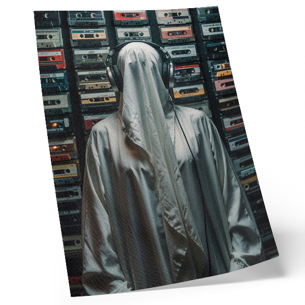 Art print A figure in white in front of a wall of cassette tapes