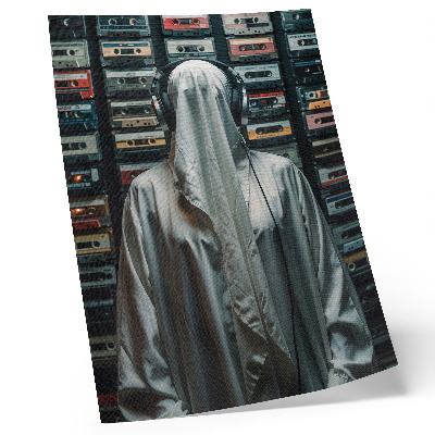 Art print A figure in white in front of a wall of cassette tapes