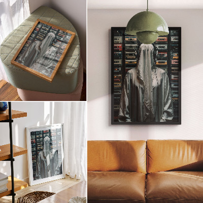 Art print A figure in white in front of a wall of cassette tapes