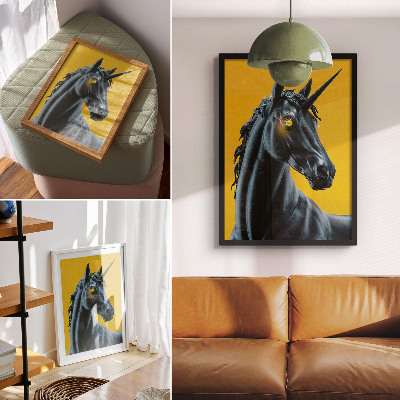 Poster A unicorn on a yellow background, magical and mysterious