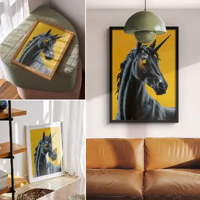 Unicorn poster magical and mysterious on a yellow background