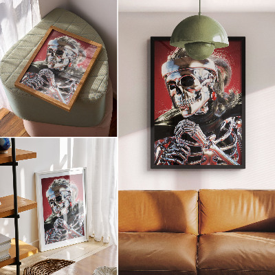 Art print An electrifying silver skeleton against a red background