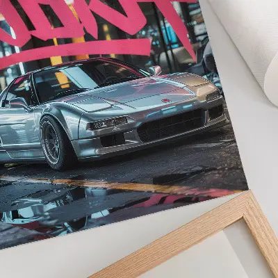 Decorative poster featuring a sports car with modern city graffiti art